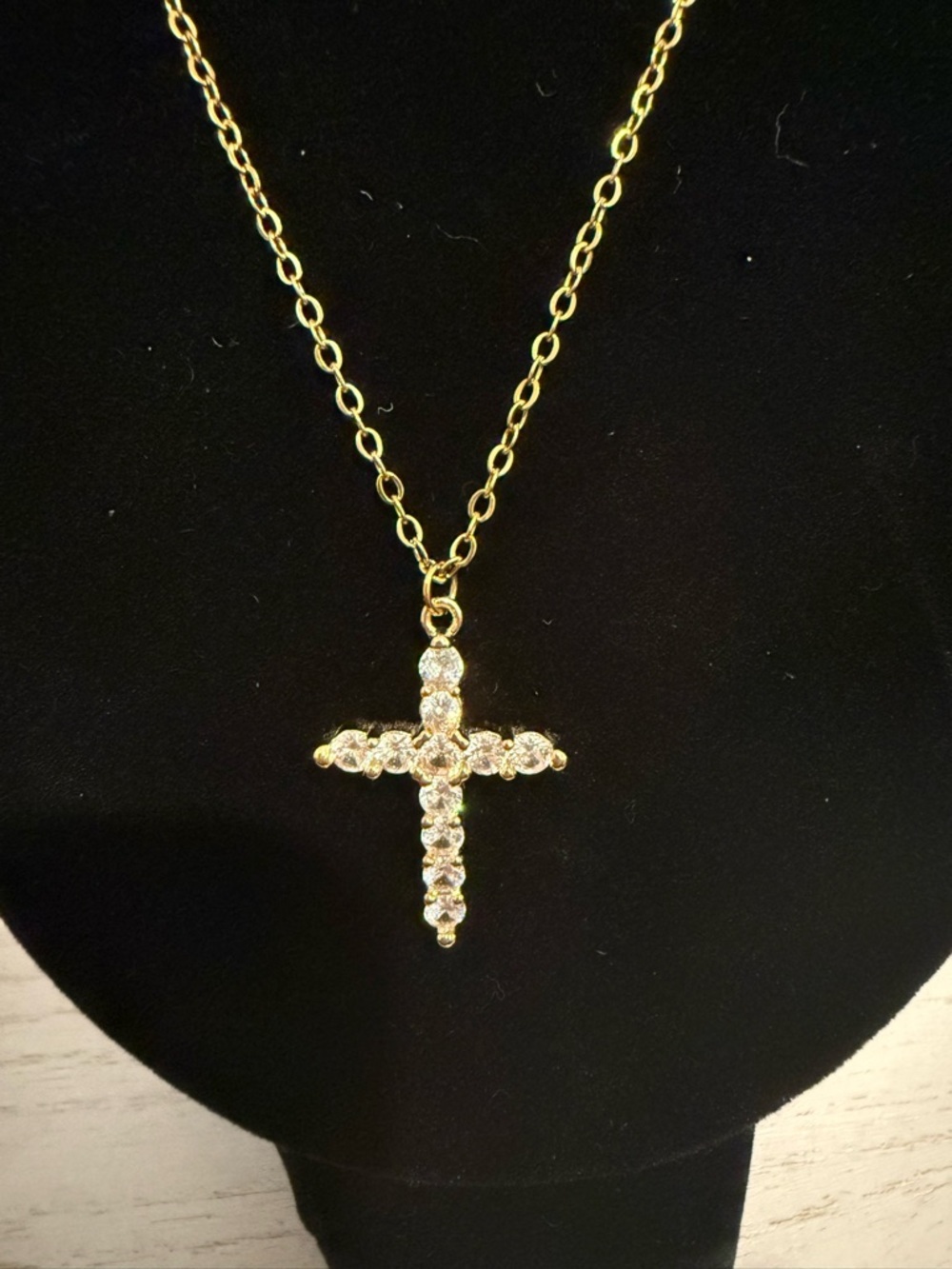 Gold Tone Cross Necklace w/ CZ Stones | Dainty Chain - Picture 3 of 6